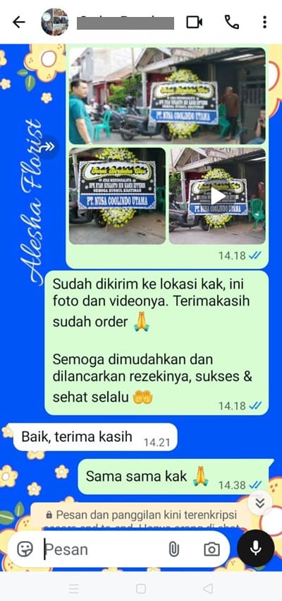 Testimoni pengiriman karangan bunga belasungkawa Tangerang