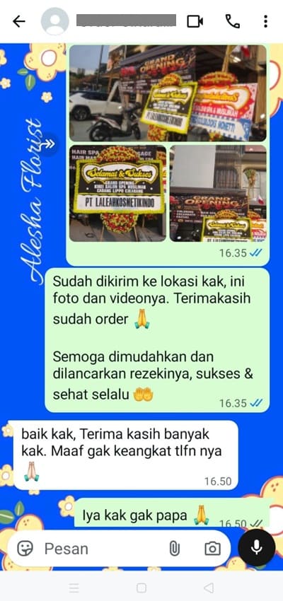 Testimoni pengiriman karangan bunga pernikahan Tangerang